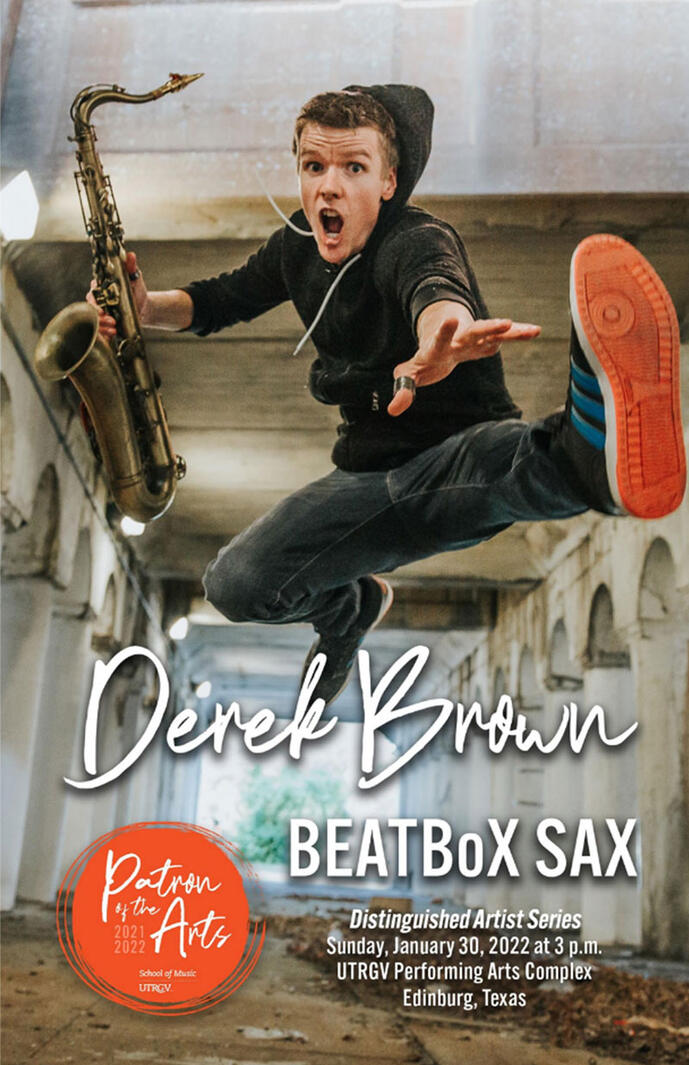 Concert program cover for Derek Brown's BEATBoX SAX performance at the University of Texas Rio Grande Valley